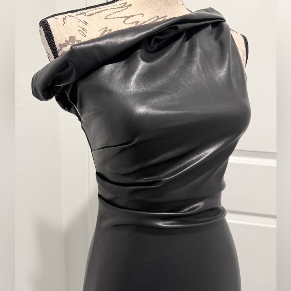 NWT MICAS Faux Leather Asymmetrical Twist Knot Zipper Mini Dress - Picture 7 of 16